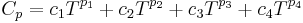 
C_p = c_1 T^{p_1} + c_2 T^{p_2} + c_3 T^{p_3} + c_4 T^{p_4}\,
