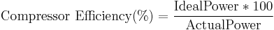 \mathrm {Compressor\ Efficiency (%) =  \frac{Ideal Power*100}{Actual Power}}