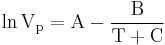 \mathbf {\mathrm {\ln V_p = A - \frac B{T+C}}}