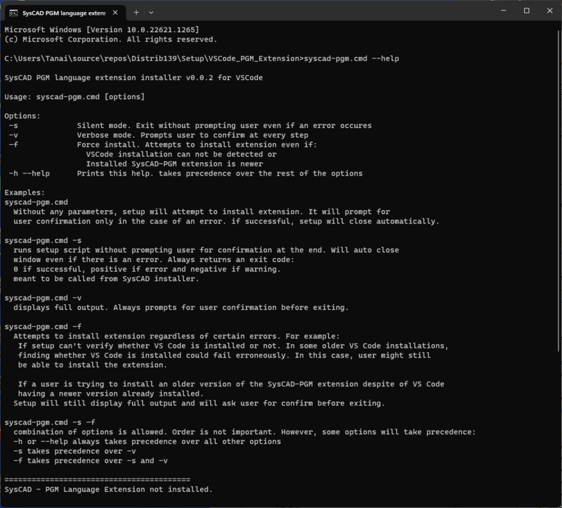 SysCAD-PGM VSCode extension installation script help