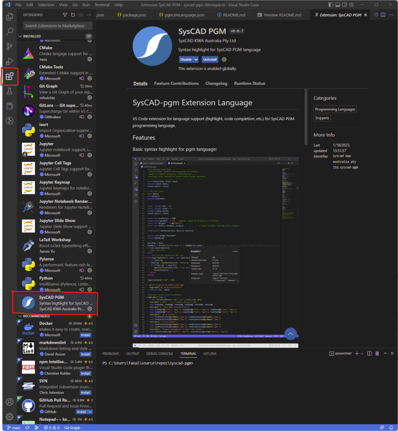 SysCAD-PGM VSCode Extension Installed